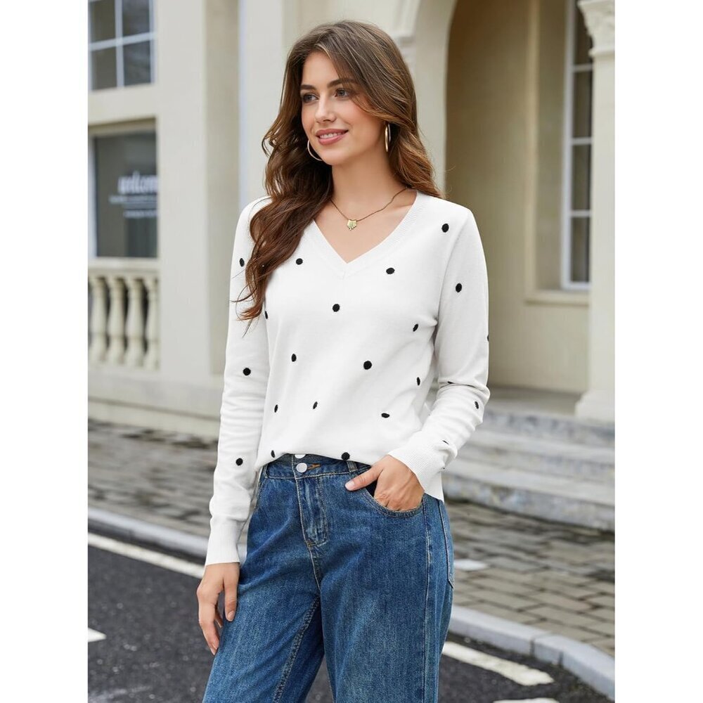 Women Sweaters Polka Dot V-Neck Long Sleeve Lightweight Knit Casual - Picture 5 of 6